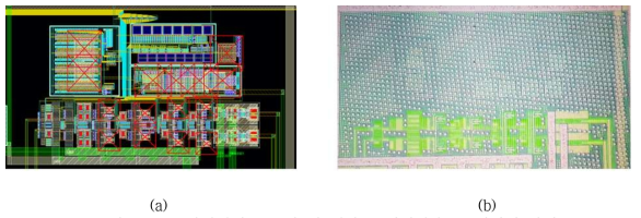 기저대역 증폭기 칩 제작 (a)레이아웃, (b)현미경 사진