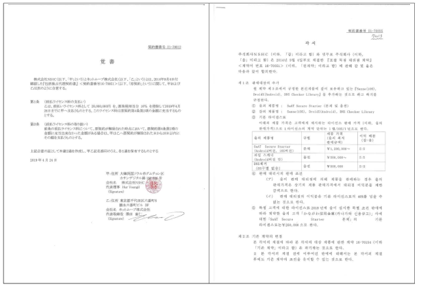 머신러닝 악성코드 솔루션에 대한 일본 독점 판매권 이행 각서 (전체 내용은 부록 참고)