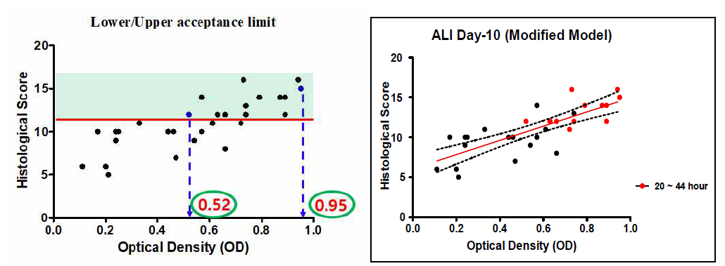 조직형태학 12점 이상 최소/최대 흡광도(좌) 및 조직형태학 정량평가와 흡광도 상관관계(우)