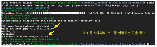 TPU 자원을 사용하여 코드를 실행하는 화면. 165TFlops(Tera-Flops) 성능이 측정되고 있음