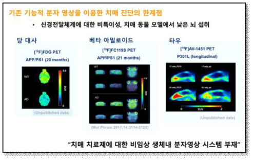 기존 방사성의약품을 이용한 비임상 모델에서 치매 진단의 한계점