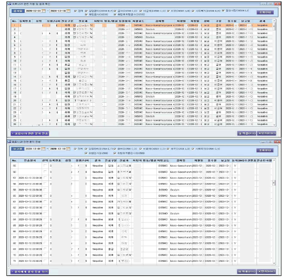 코로나19 검사처방 및 결과 조회(상)와 결과 문자 전송 화면(하)