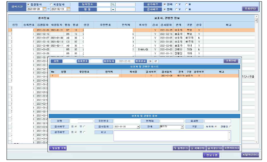 입원환자 보호자 및 간병인 조회 및 정보 등록 화면