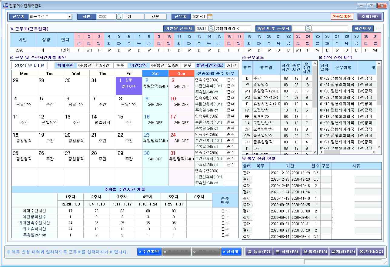 전공의 수련 계측 관리 화면