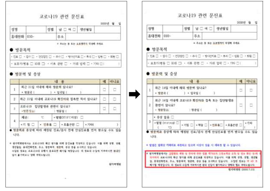 내원객 문진표 개선 전·후 양식