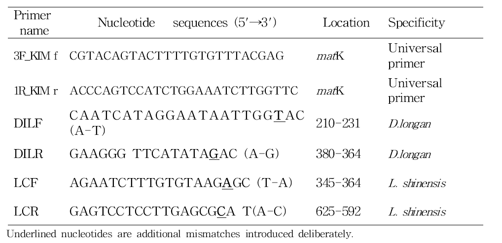 본 연구에 사용된 용안육 특이 프라이머