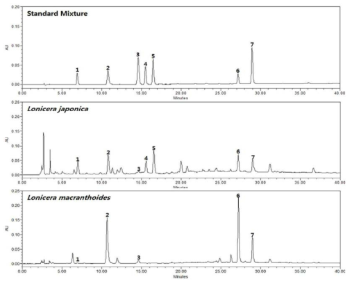 HPLC chromatogram – Standard mixture, 인동, 회전모인동 loganic acid (1), chlorogenic acid (2), caffeic acid (3), loganin (4),sweroside (5), 3,5-di-O-caffeoylquinic acid (6), 4,5-di-O-caffeoylquinic acid (7)