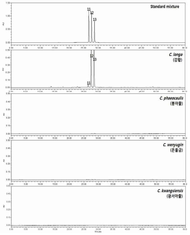 HPLC chromatogram (420 nm) – Standard mixture, 강황, 봉아출, 온울금, 광서아출 bisdemethoxycurcumin (11), demethoxycurcumin (12), curcumin (13)