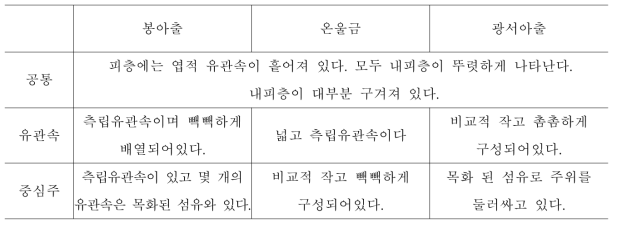 봉아출과, 온울금, 광서아출 의 내부 형태 비교