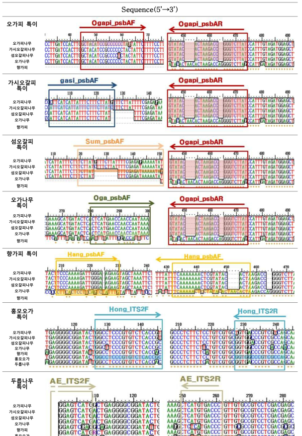 오가피 동속(정품), 두릅나무, 향가피(위품)에 대한 종 특이 부위