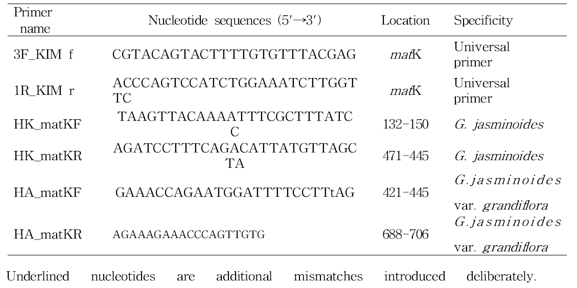 본 연구에 사용된 치자 특이 프라이머