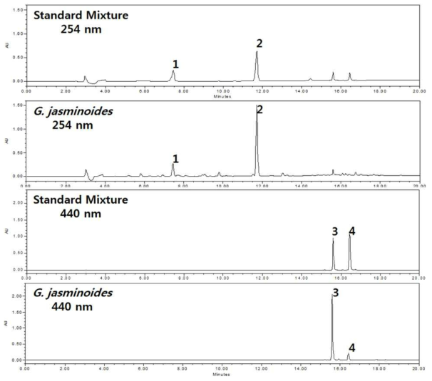 HPLC chromatogram – Standard mixture, 치자 gardenoside (1), geniposide (2), crocin I (3), crocin II (4)