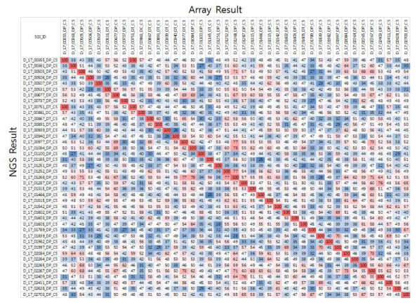 NGS 샘플과 array샘플간의 cross match score결과. Score가 높을수록 빨간색, 낮을수록 파란색으로 표기함
