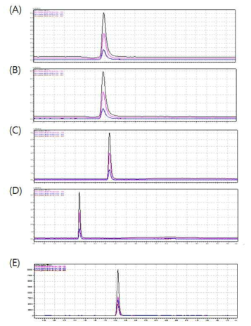 몰포린의 LC-MS ESI MRM 크로마토그램 : (A) LC-MS 분석법 1, (B) LC-MS 분석법 2, (C) LC-MS 분석법 3 (D) LC-MS 분석법 4, (E) LC-MS 분석법 5