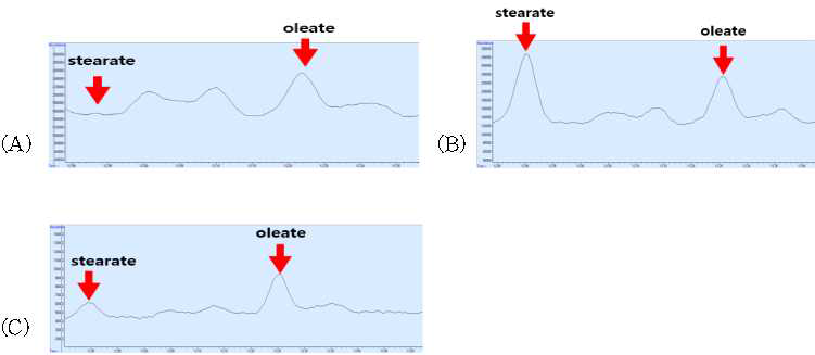 GC-MS를 이용한 오렌지 껍질의 지방산 분석 결과: (A) 오렌지 껍질(control) (B) morpholine stearate를 첨가한 오렌지 껍질, (C) morpholine oleate를 첨가한 오렌지 껍질