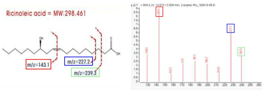 Ricinoleic acid 표준물질의 최적화된 GC/MS 분석 결과