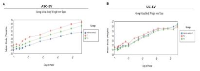 종양이 이식된 면역부전마우스에서의 중간엽 유래 세포외소포(ASC- 및 UC-EV) 반복투여에 따른 체중 변화 및 부검 시 체중