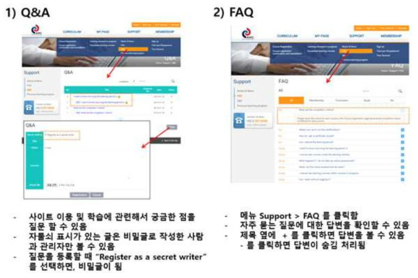 ICH 가이드라인 온라인 교육 홈페이지 Q&A, FAQ 메뉴