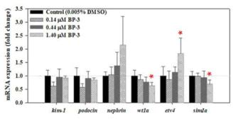 BP-3의 5일 노출 이후 제브라피시 배아/자어의 신장독성 및 발달과 관련 유전자 발현 변화. 평균±표준편차(N=4). *p<0.05 수준에서 유의한 차이