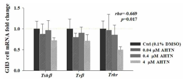 48시간 동안 AHTN에 노출한 GH3 세포의 유전자 발현 변화. 평균±표준편차(N=3). *p<0.05 수준에서 대조군과 유의한 차이
