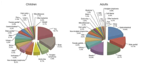 소아암과 성인 암의 스펙트럼(Downing JR, et.al., Nat Genet. 2012)