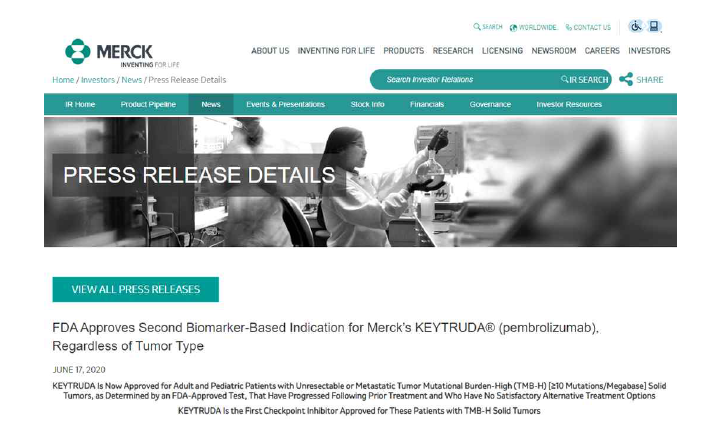 KEYTRUDA에 대한 두 번째 반응예측 바이오마커인 TMB-H의 미 FDA 승인