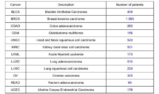 TCGA 데이터 베이스 암종별 환자 수