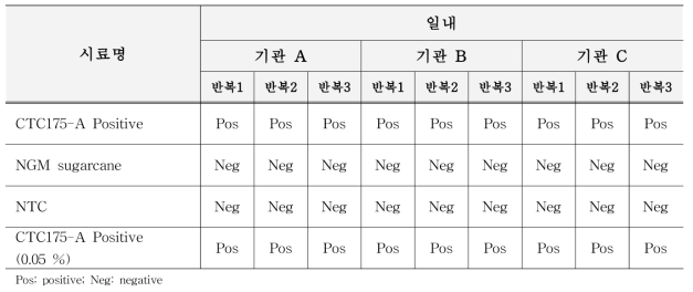 유전자변형 사탕수수 CTC175-A 정성시험의 반복성, 재현성 시험 결과