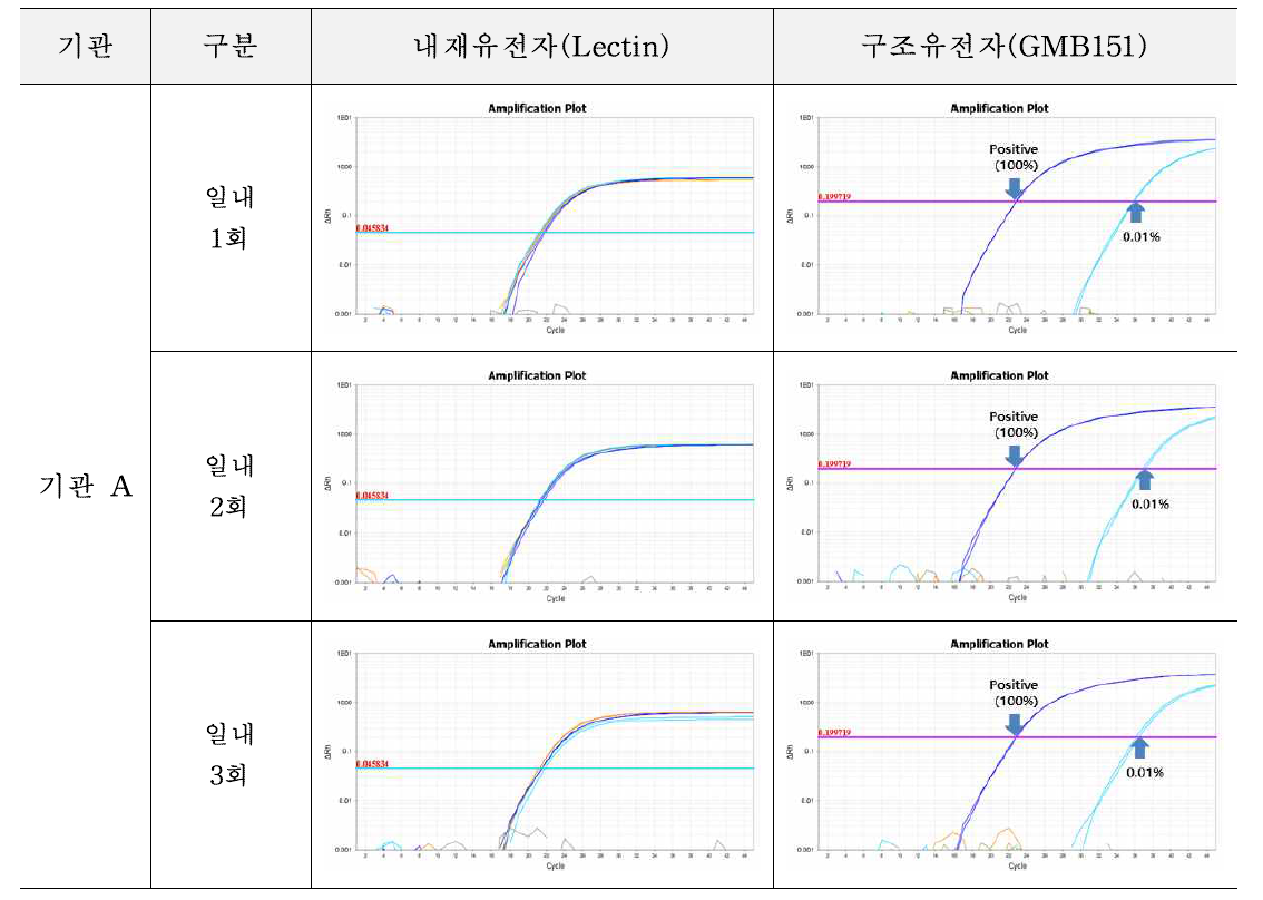 유전자변형 콩 GMB151에 대한 시험법의 반복성 시험 결과(기관 A)