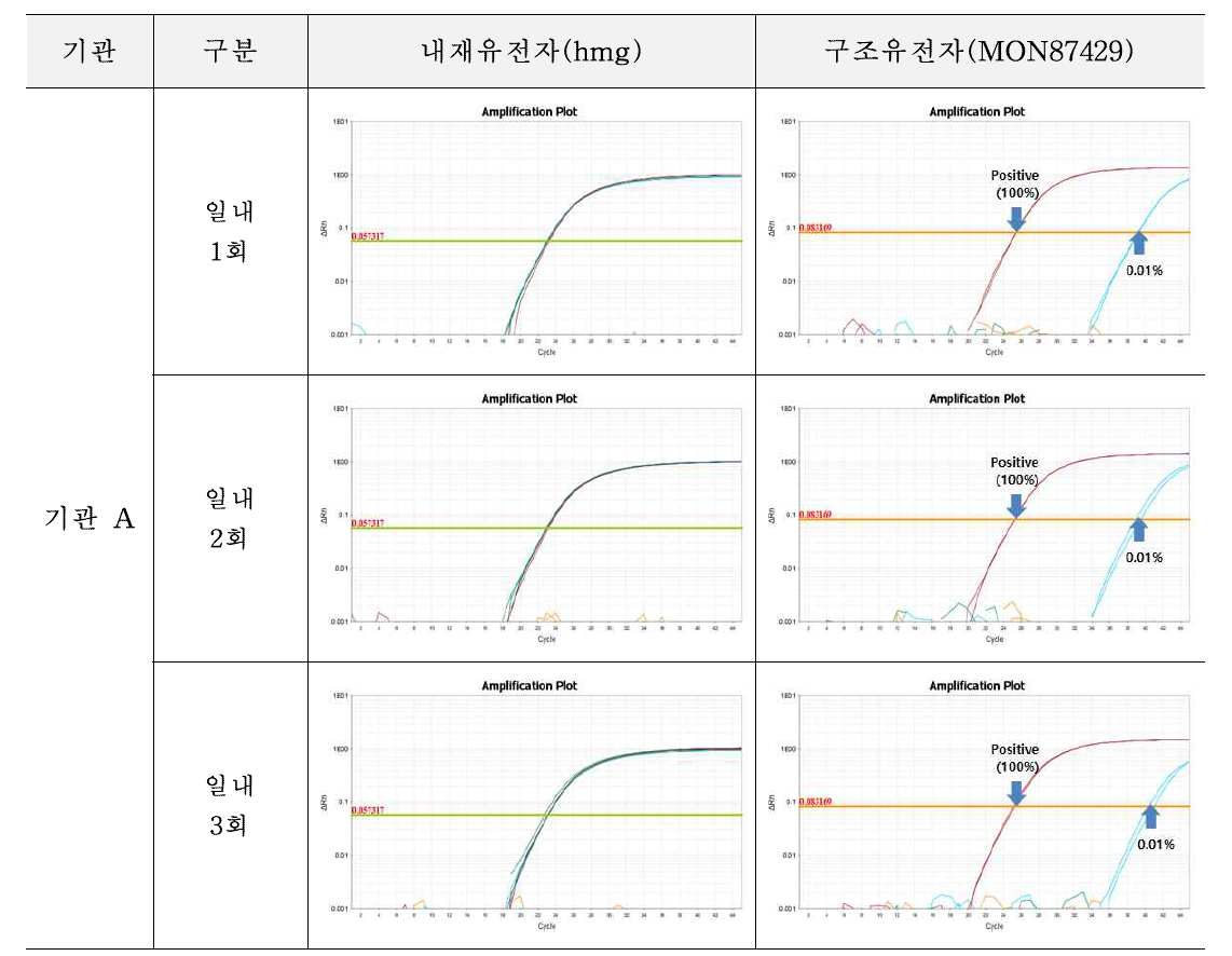 유전자변형 옥수수 MON87429에 대한 시험법의 반복성 시험 결과(기관 A)