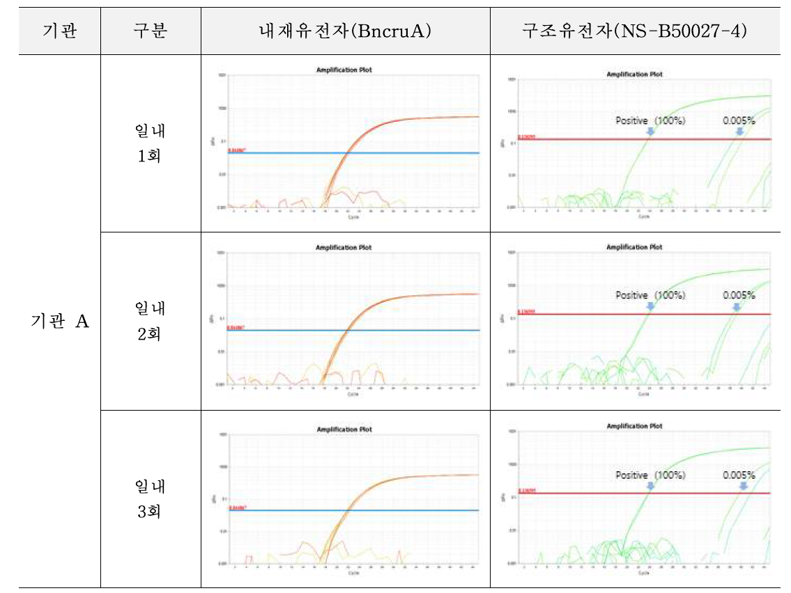 유전자변형 카놀라 NS-B50027-4에 대한 시험법의 반복성 시험 결과(기관 A)