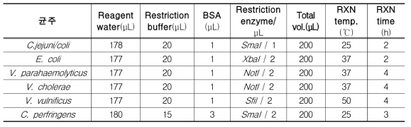 식중독균별 제한효소 반응액 제조 및 반응시간