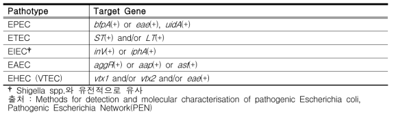 Pathogenic E. coli별 병원성인자 검출 대상