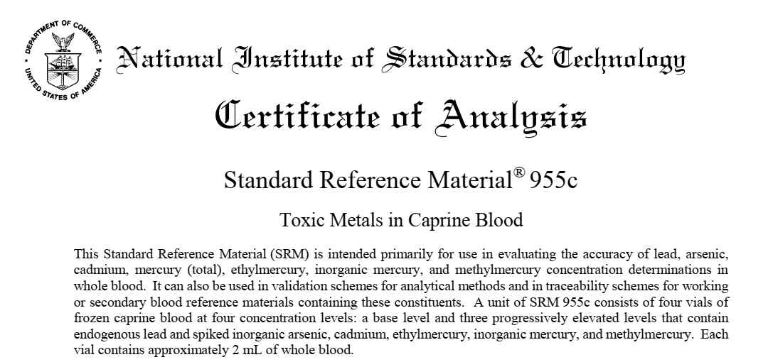 Certificate of SRM 955c(Caprine Blood)
