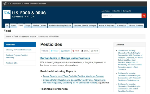 미국 FDA의 잔류농약 등의 모니터링 데이터베이스 (http://www.fda.gov/Food/FoodborneIllnessContaminants/Pesticides/default.htm)