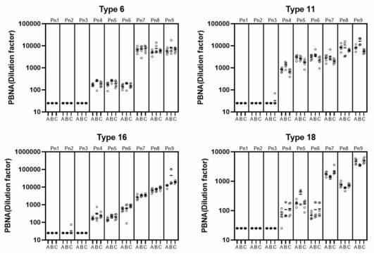HPV 혈청형 별 중화 항체가 측정 결과(취합 데이터)