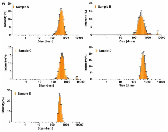 ETOH에 분산된 화장품 내 나노물질의 DLS 측정 결과. A. Sample A의 DLS 측정결과, B. Sample B의 DLS 측정결과, C. Sample C의 DLS 측정결과 D. Sample D의 DLS 측정결과, E. Sample E의 DLS 측정결과