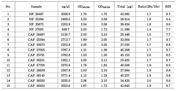 mRNA sequencing에 사용된 시료의 mRNA QC 결과