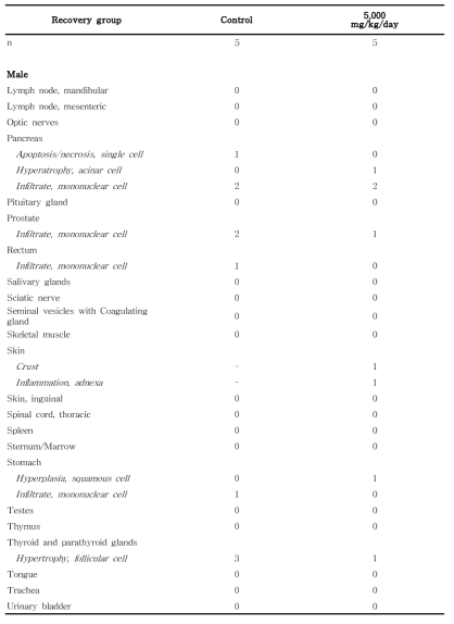 Histopathological findings for male rats in the 13-week gavage study (Recovery group) of 세신 열수추출물 (continued)