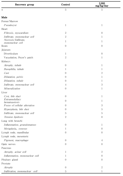 Histopathological findings for male rats in the 13-week gavage study (Recovery group) of 세신 분말 (continued)