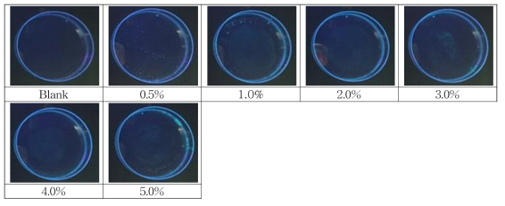 0.01% Curcumin reaction for soybean oil concentration(UV-lamp observation after water cleaning)