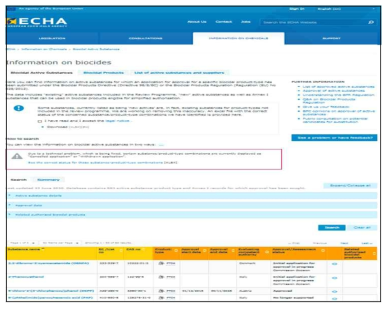 ECHA 살생물제 승인 활성물질 검색 사이트 (ECHA, Information on biocides, 2020, https://echa.europa.eu/information-on-chemicals/biocidal-active-su bstances)