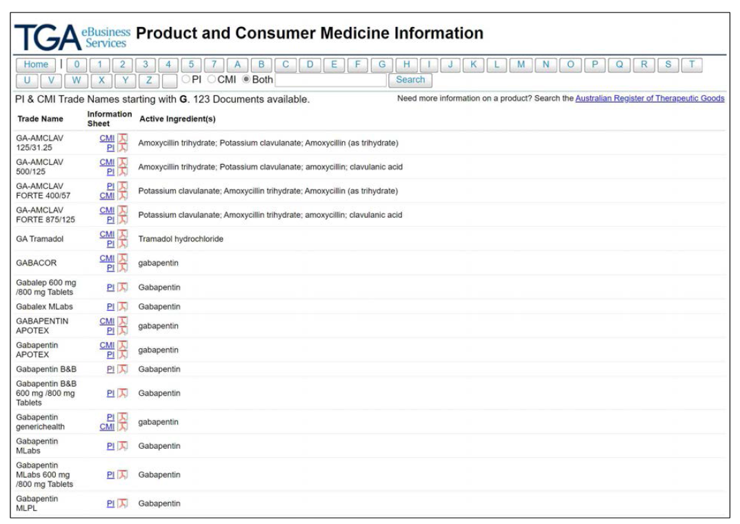 TBS의 제품정보(PI) 및 소비자 의약품 정보(CMI) 검색화면 예시