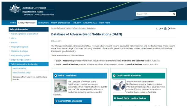 호주 이상사례 데이터베이스 구축(Database of Adverse Event Notification, DAEN) 웹사이트