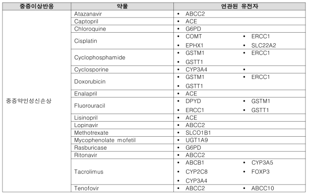 중증약인성신손상 유발 약물 중 연관된 유전정보 있는 약물 및 유전자