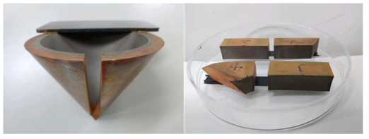 코팅된 티타늄층의 두께를 측정하기 위해서 빔표적의 측면을 세로로 절단하여 4등분한 모습