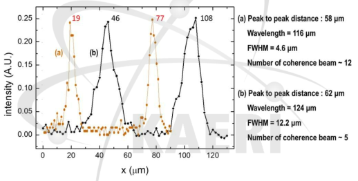Fabry-Perot 간섭계를 투과한 THz 간섭 신호 측정 (a) 116μm at the detuning position of 0 and D = 53.5 mm (b) 124μm at detuning position of 0 and D = 107 mm. The undulator current was 1.1 kA for (a) and (b)