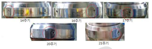 캡슐 하단부 시험 주기별 마모 진행상태