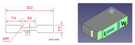 인장시편 크기 및 시편 제작방향 (우측 그림의 화살표 방향이 적층방향,↑)