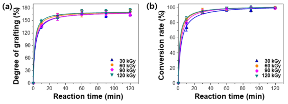 전자선 조사량(30 ~ 120 kGy)에 따른 PP-g-PGMA 접목중합 수율(Degree of grafting) (a)과 전환율(Conversion rate)의 변화 (b) (고정 수계접목중합 반응조건: 선량율 30 kGy/scan (10 m/min의 고정 시편 이동속도에서 30 mA의 전류), 부직포 5 x 45 cm2, GMA 단량체 농도 3 wt% 유화용액 및 반응온도 50 ℃)